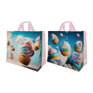 SAC CABAS PP TISSÉ GATEAUX 43+20X38CM/25
